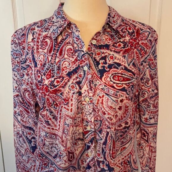 Talbots Cotton Red White Blue Button Down Shirt Top Medium - Picture 2 of 4